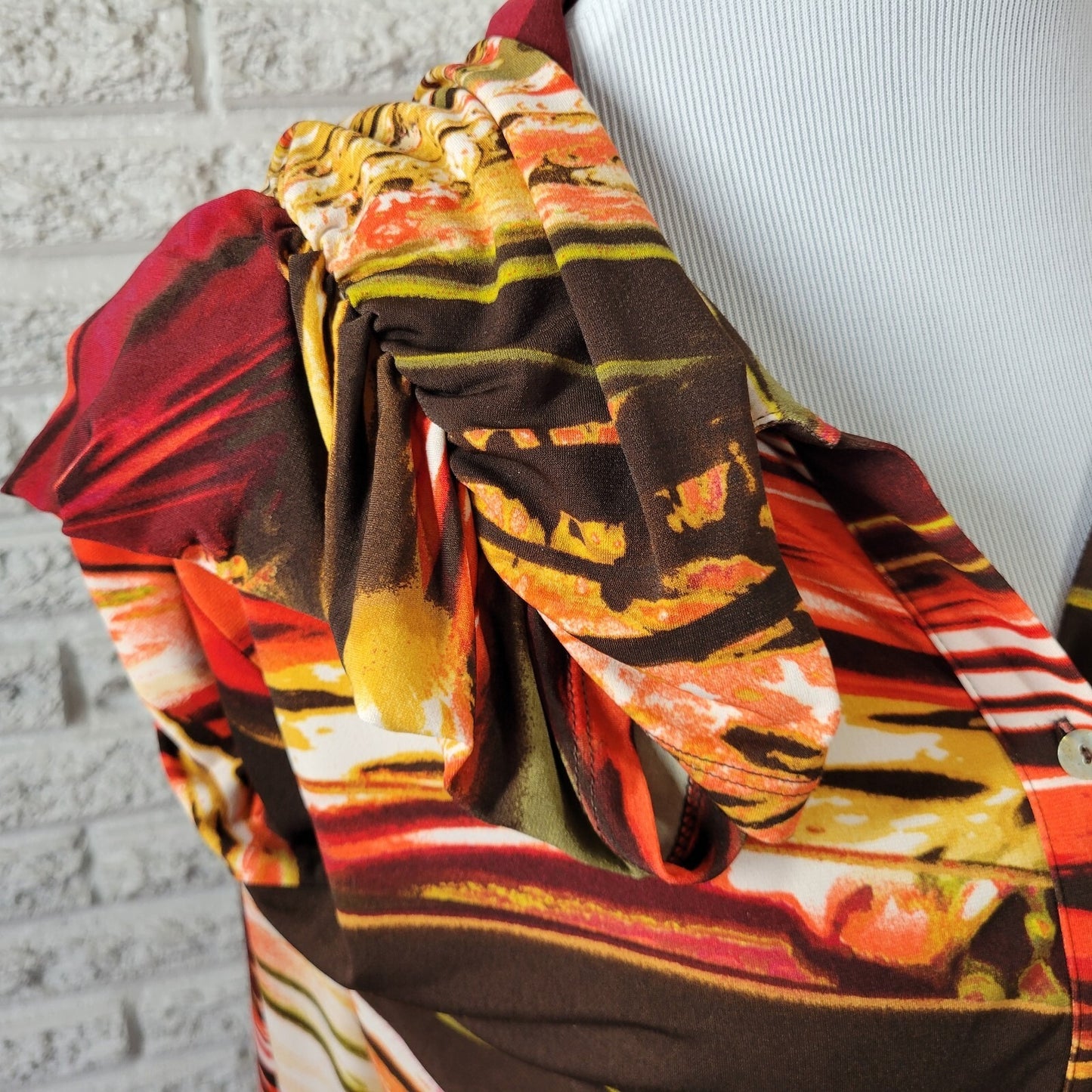 Susan Graver QVC Womens Top 2X Plus Ruched Sleeve Red Watercolor Poly Blend