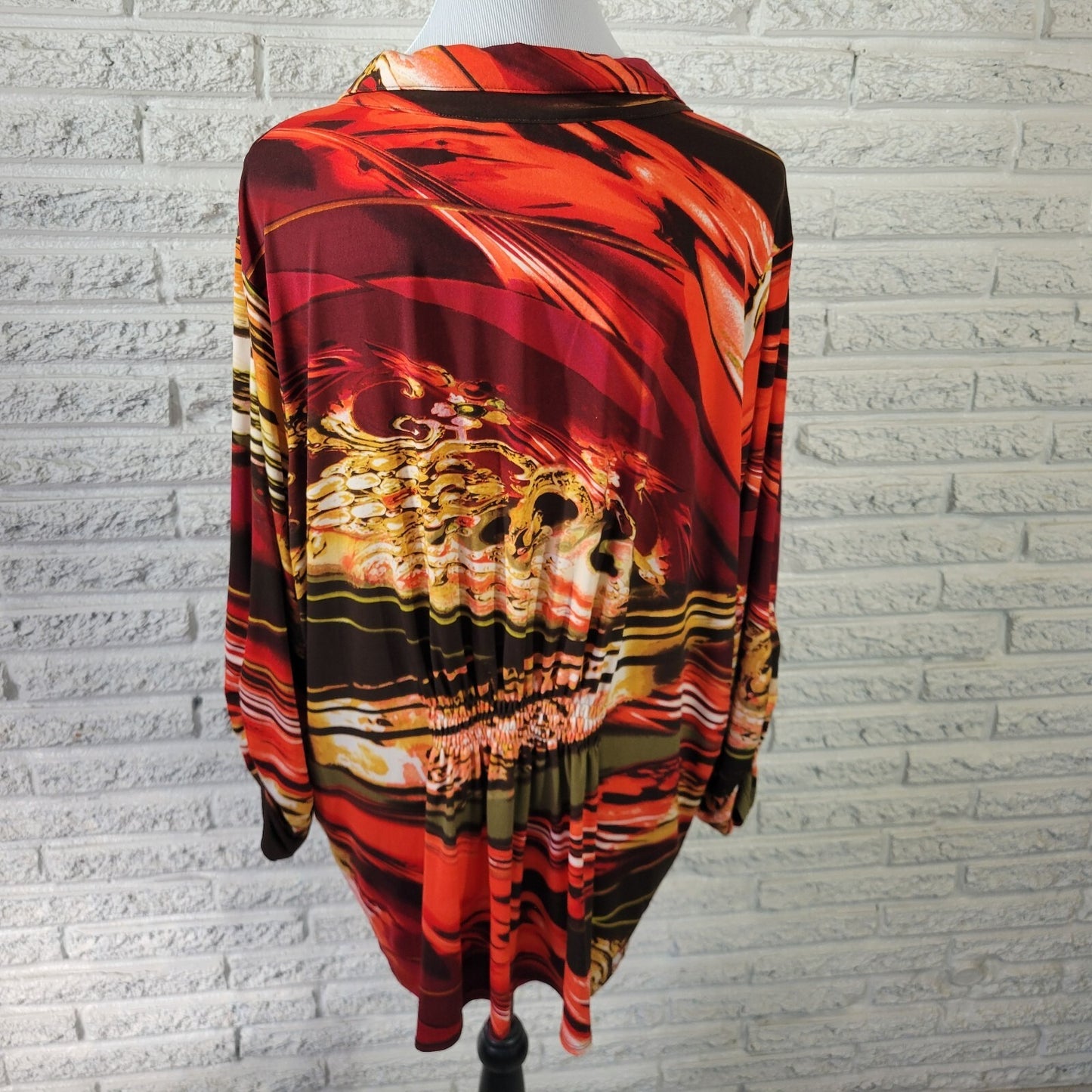 Susan Graver QVC Womens Top 2X Plus Ruched Sleeve Red Watercolor Poly Blend