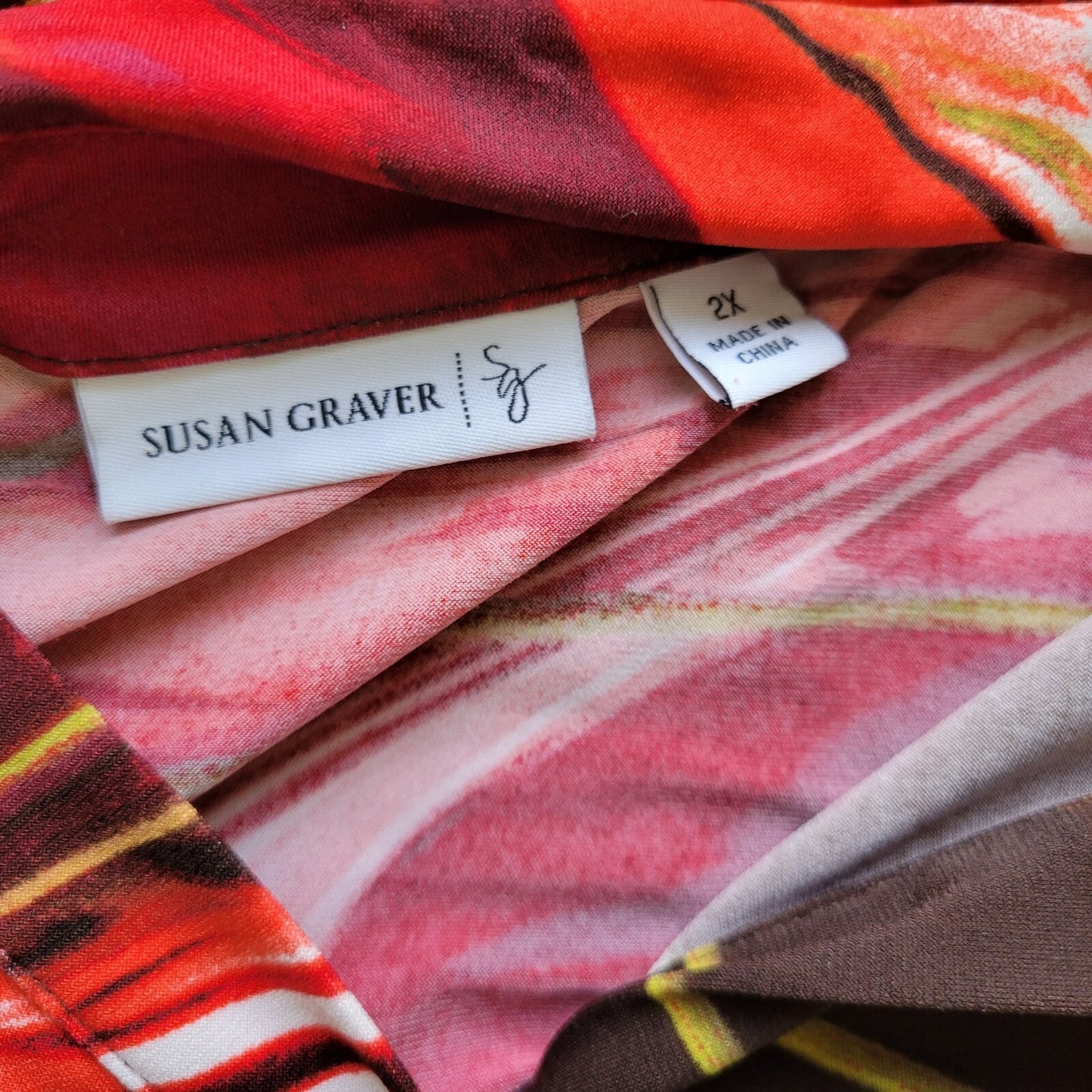 Susan Graver QVC Womens Top 2X Plus Ruched Sleeve Red Watercolor Poly Blend