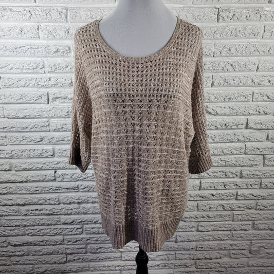 Ruby Rd Womens Sweater 2X Plus Open Knit Beige Gold Metallic Lightweight Career