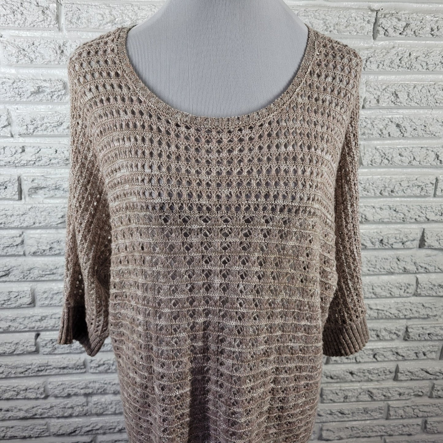 Ruby Rd Womens Sweater 2X Plus Open Knit Beige Gold Metallic Lightweight Career