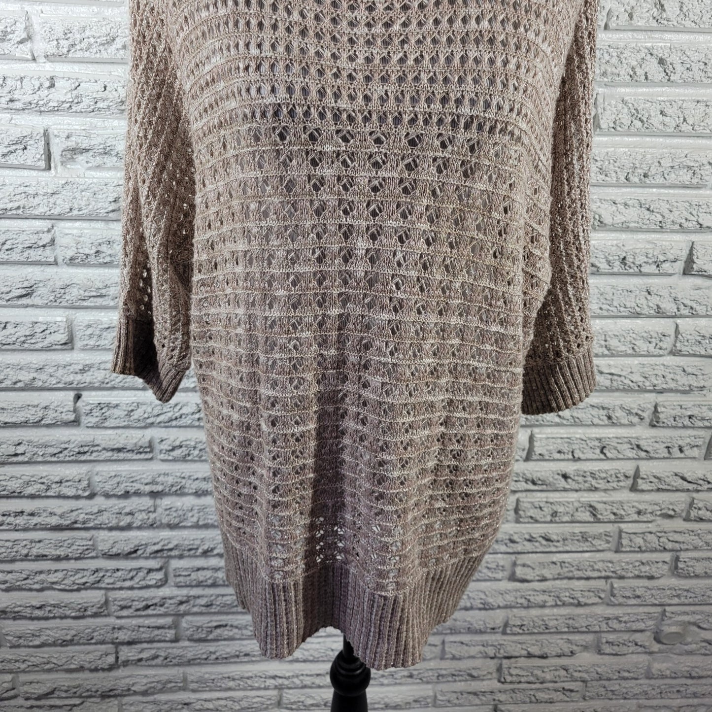 Ruby Rd Womens Sweater 2X Plus Open Knit Beige Gold Metallic Lightweight Career