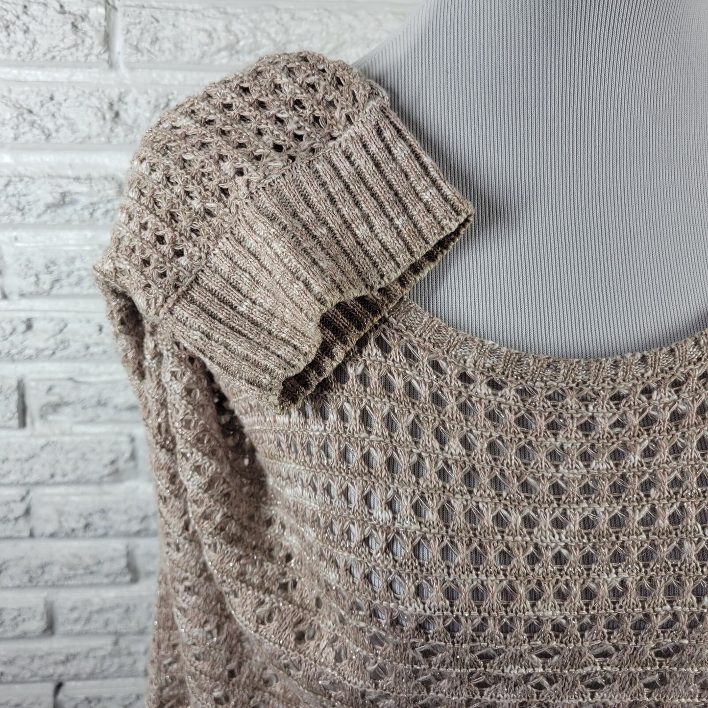 Ruby Rd Womens Sweater 2X Plus Open Knit Beige Gold Metallic Lightweight Career