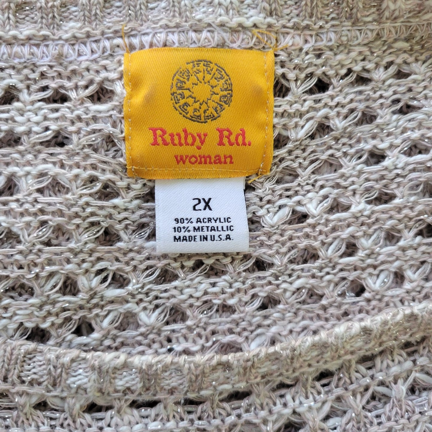 Ruby Rd Womens Sweater 2X Plus Open Knit Beige Gold Metallic Lightweight Career