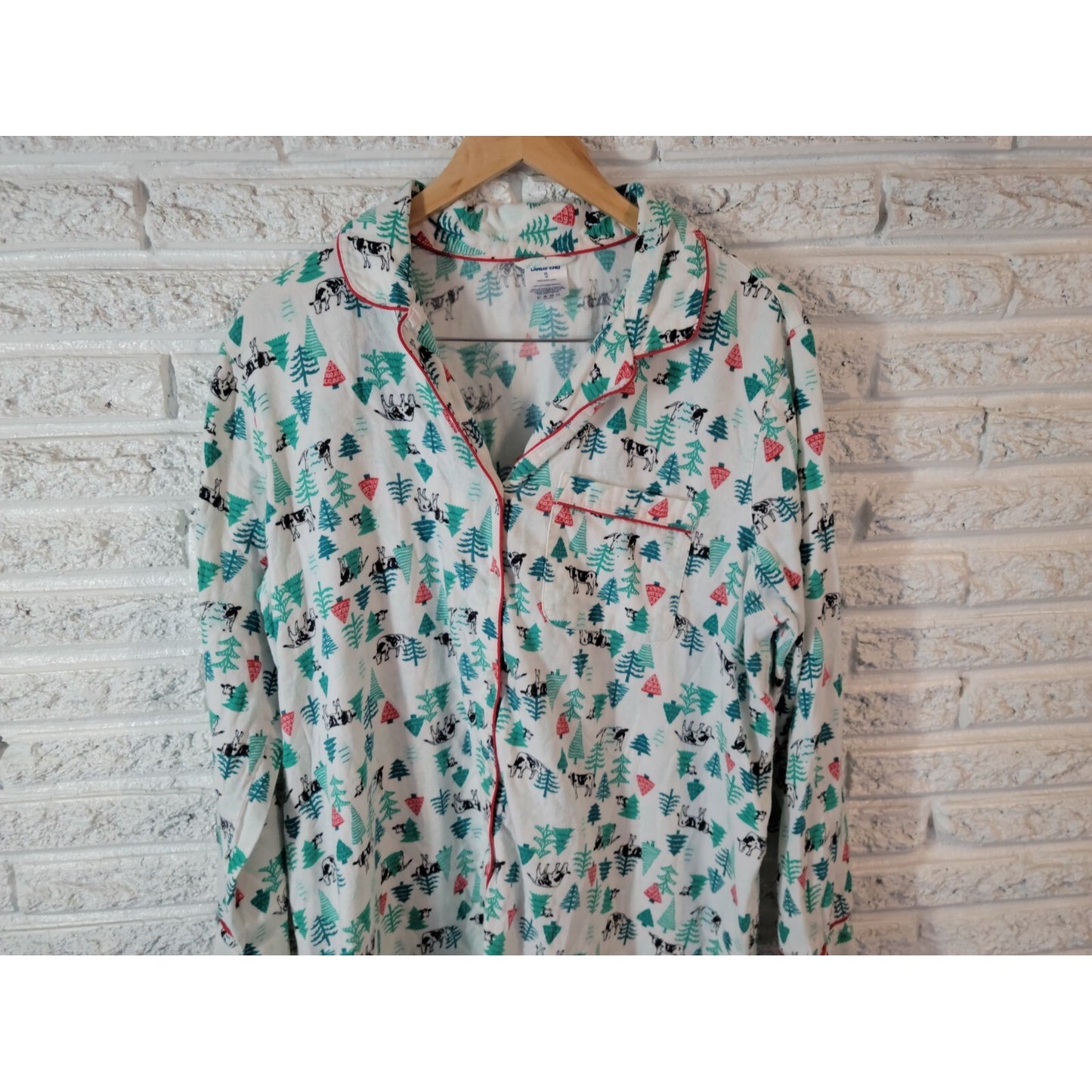 Christmas Lands End Women Pajamas XL 18 Nightgown Cows Cotton Collar Green Comfy