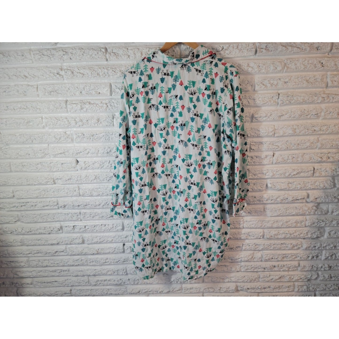 Christmas Lands End Women Pajamas XL 18 Nightgown Cows Cotton Collar Green Comfy