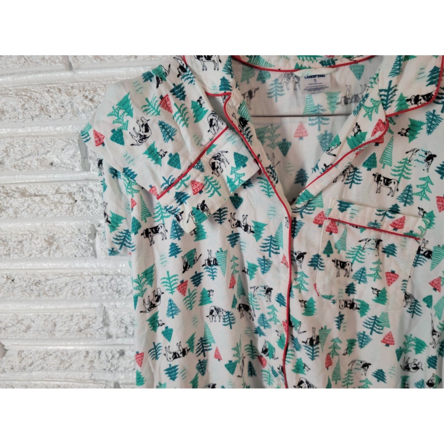 Christmas Lands End Women Pajamas XL 18 Nightgown Cows Cotton Collar Green Comfy