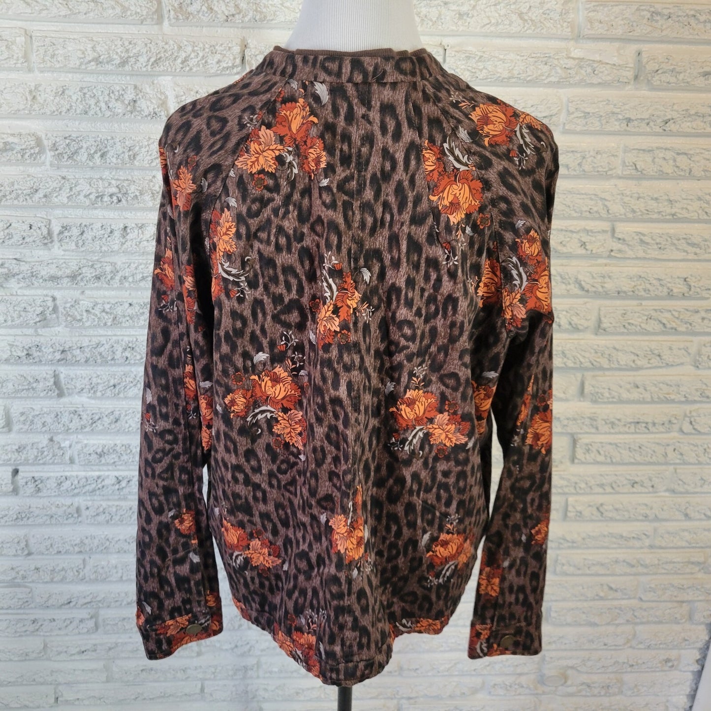 Democracy Womens XL Animal Print Jacket Full Zip Orange Brown Cotton Stretch