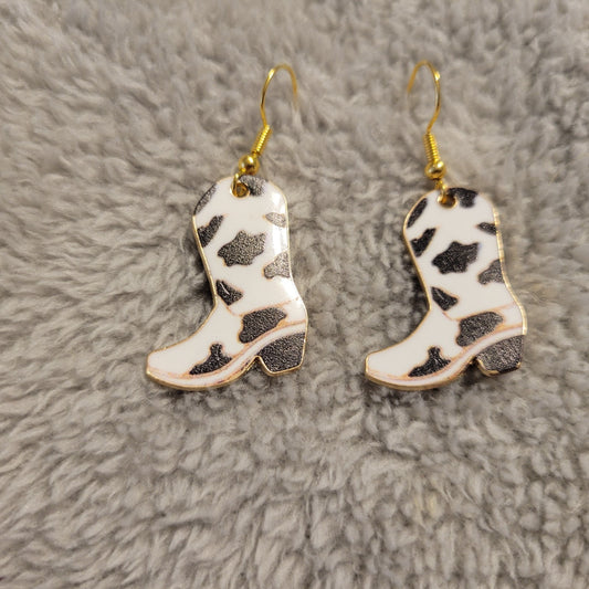 Cowgirl Boot Cow Print Earrings Gold Tone Black White Western Rodeo Dangle Drop