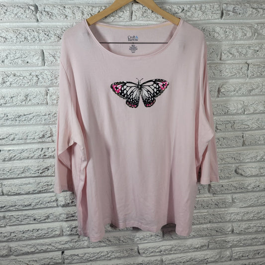 Croft Barrow Women Top 3X Plus Tee 3/4 Sleeve Butterfly Pink Rhinestones Glitter