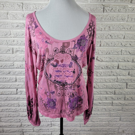 Vintage Suzie Womens Top Extra Large XL Pink Love Patient Kind Never Fails Studs