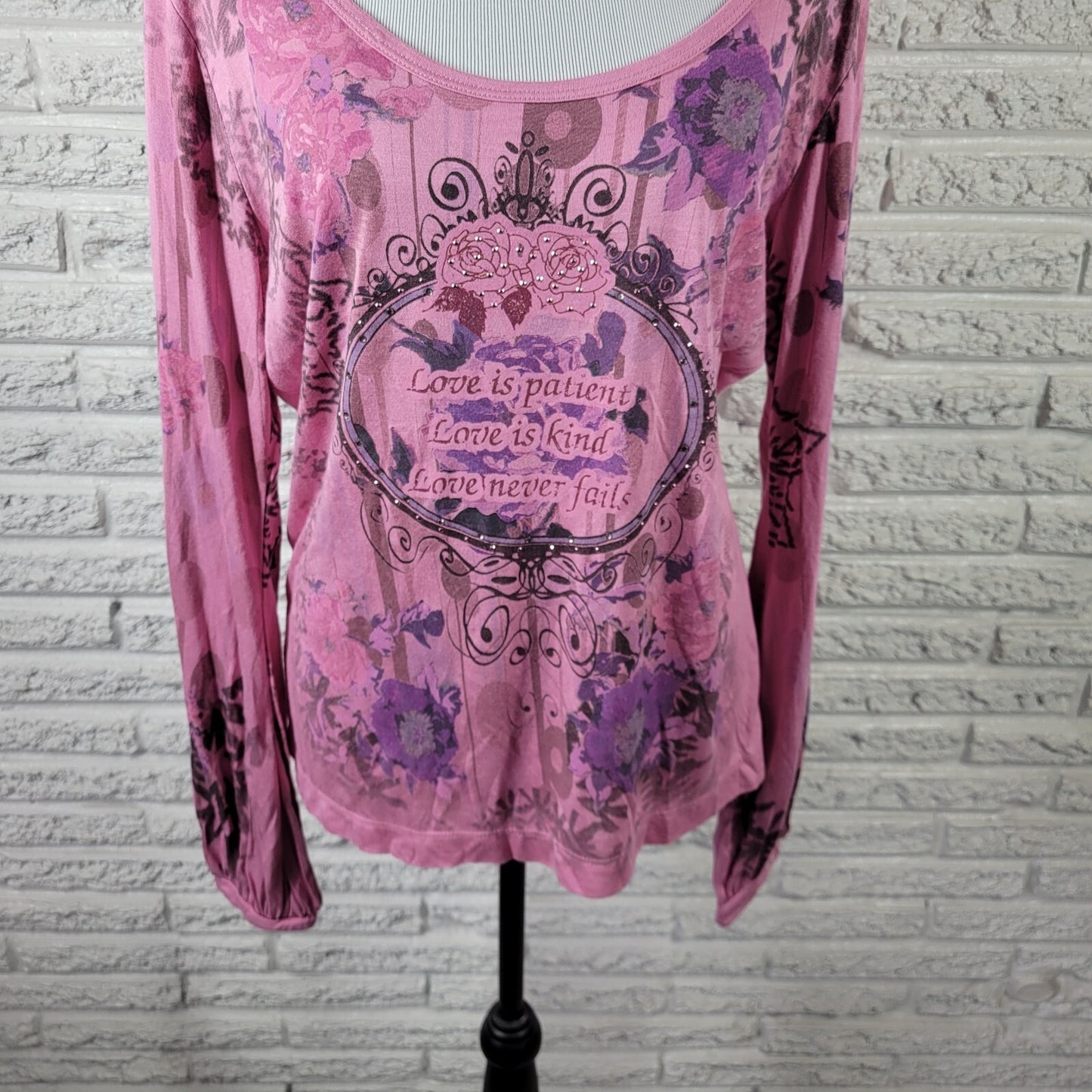 Vintage Suzie Womens Top Extra Large XL Pink Love Patient Kind Never Fails Studs