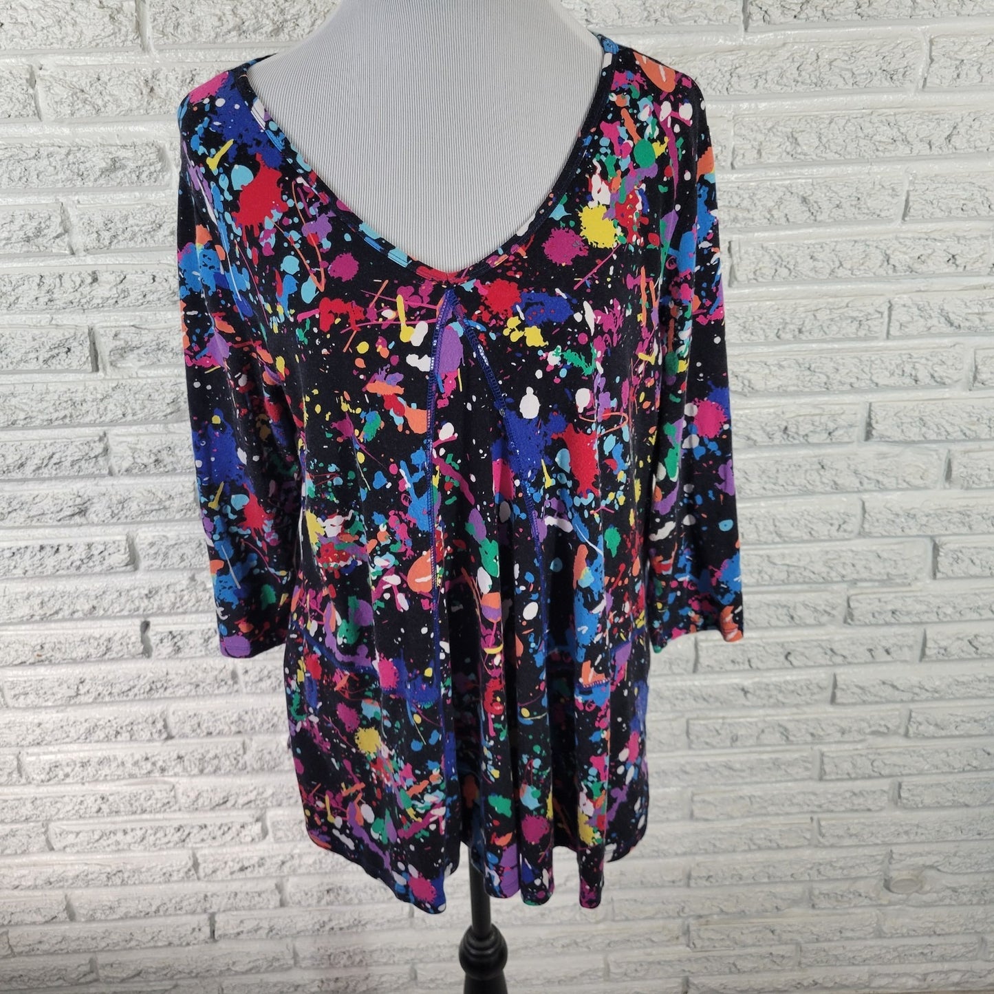 Westbound Womens Top 1X Plus 3/4 Sleeve Pink Paint Splatter Cotton Blend Casual