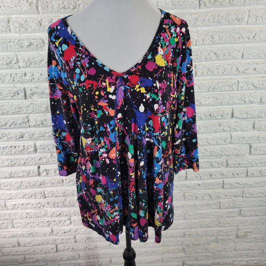 Westbound Womens Top 1X Plus 3/4 Sleeve Pink Paint Splatter Cotton Blend Casual