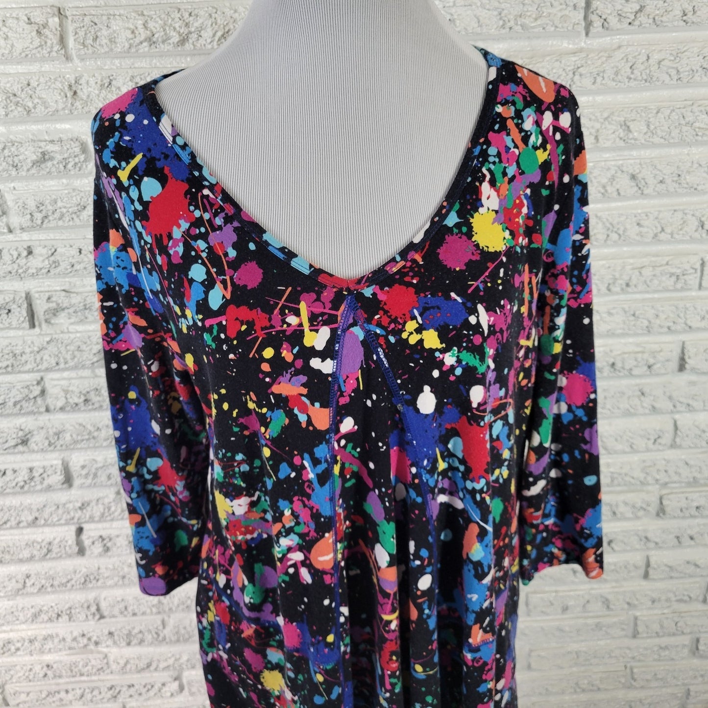 Westbound Womens Top 1X Plus 3/4 Sleeve Pink Paint Splatter Cotton Blend Casual