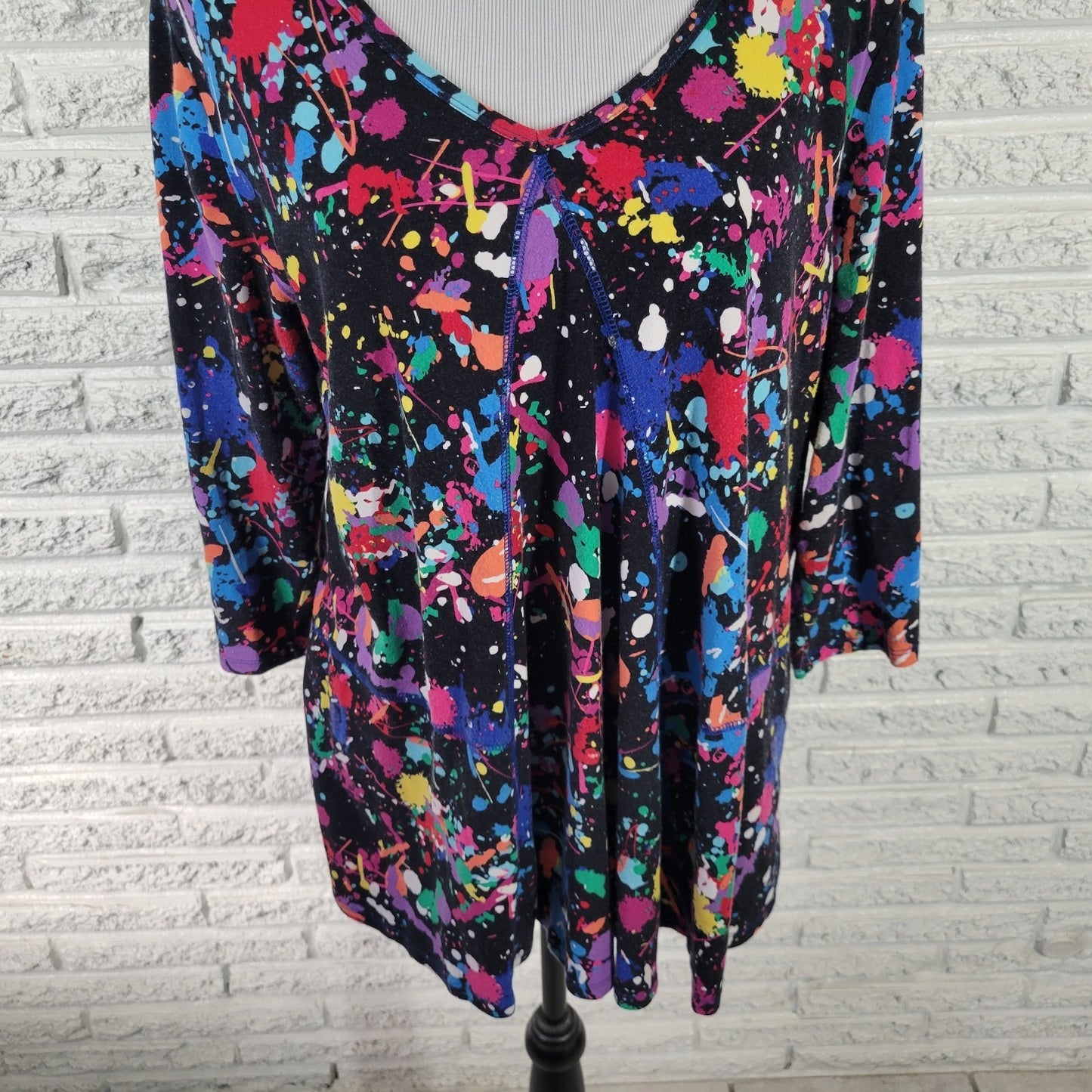 Westbound Womens Top 1X Plus 3/4 Sleeve Pink Paint Splatter Cotton Blend Casual