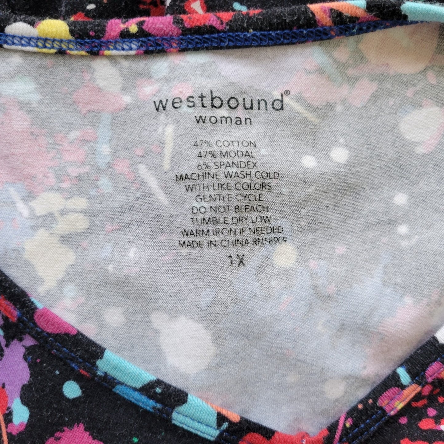 Westbound Womens Top 1X Plus 3/4 Sleeve Pink Paint Splatter Cotton Blend Casual