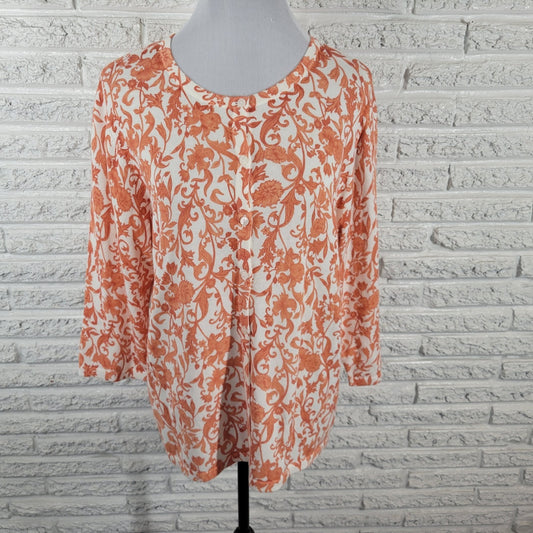 Christopher Banks Womens Sweater XL Cardigan 3/4 Sleeve Orange Floral Cotton