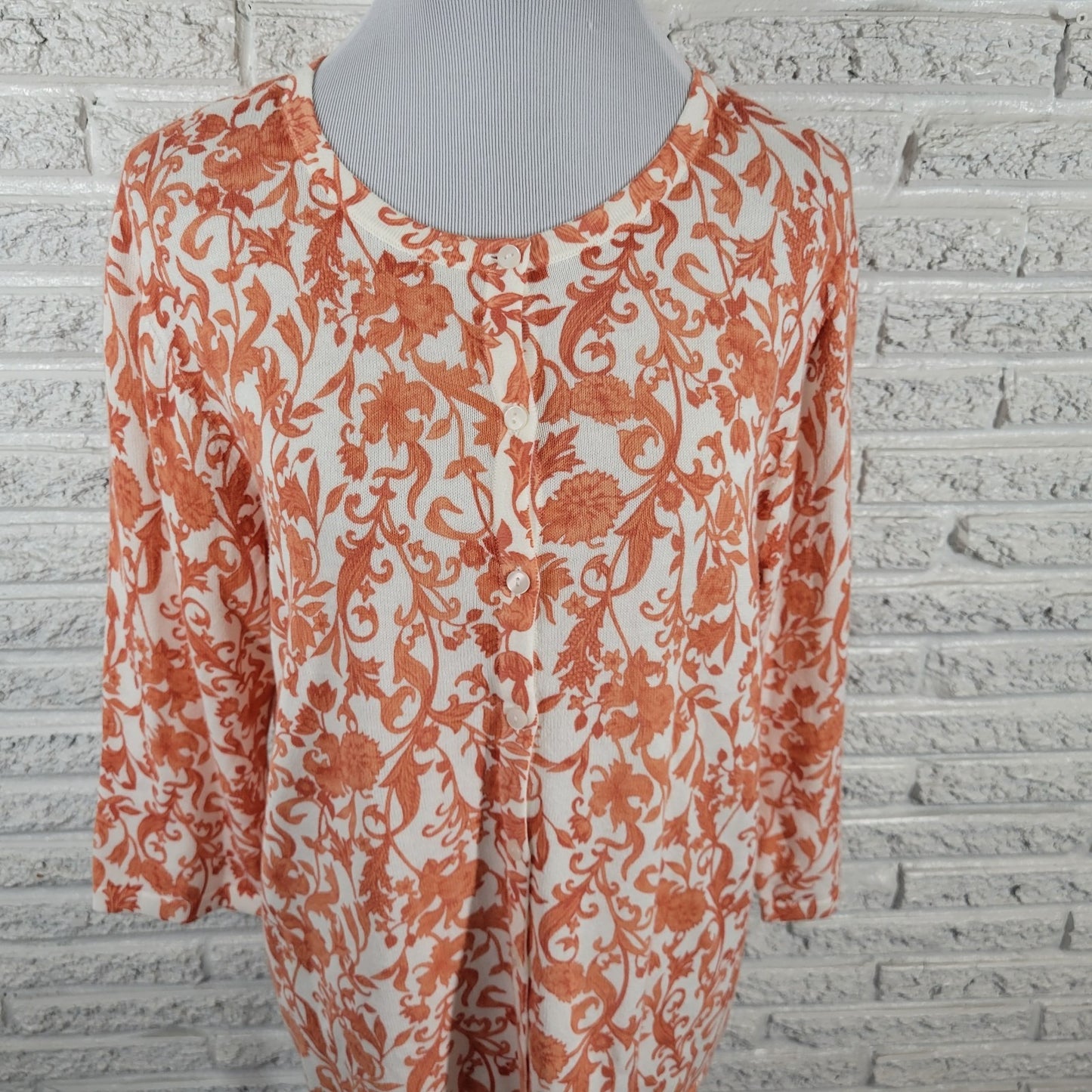 Christopher Banks Womens Sweater XL Cardigan 3/4 Sleeve Orange Floral Cotton