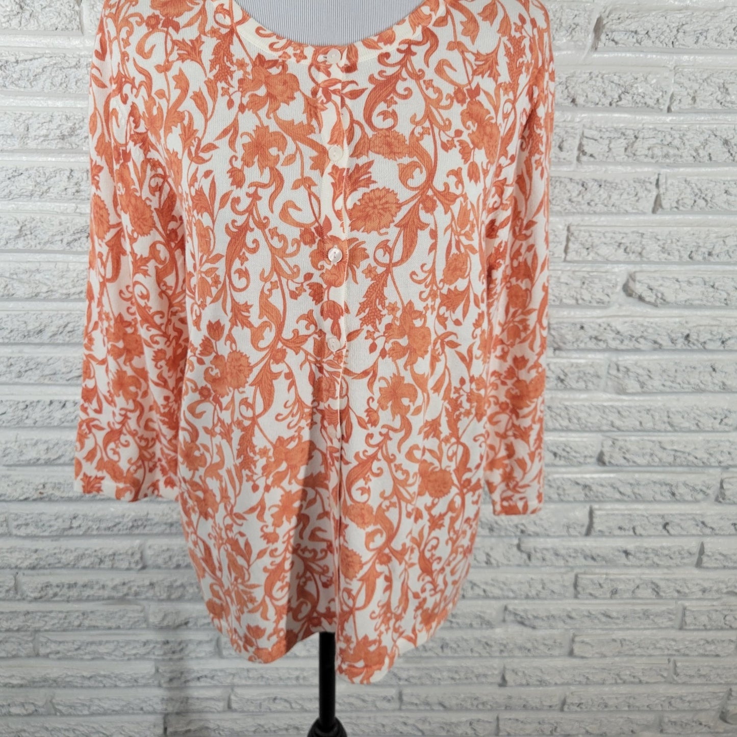 Christopher Banks Womens Sweater XL Cardigan 3/4 Sleeve Orange Floral Cotton