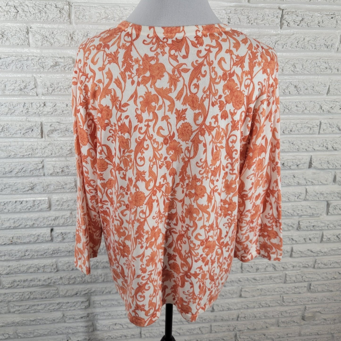 Christopher Banks Womens Sweater XL Cardigan 3/4 Sleeve Orange Floral Cotton