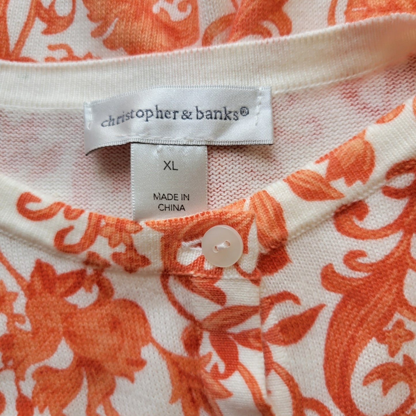 Christopher Banks Womens Sweater XL Cardigan 3/4 Sleeve Orange Floral Cotton