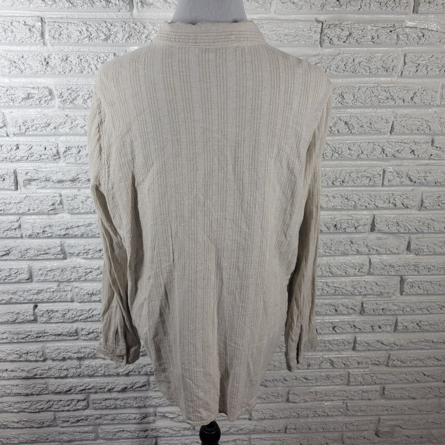 Orvis Womens Top Extra Large Roll Tab Sleeve Beige Stripe Button Up Linen Rayon