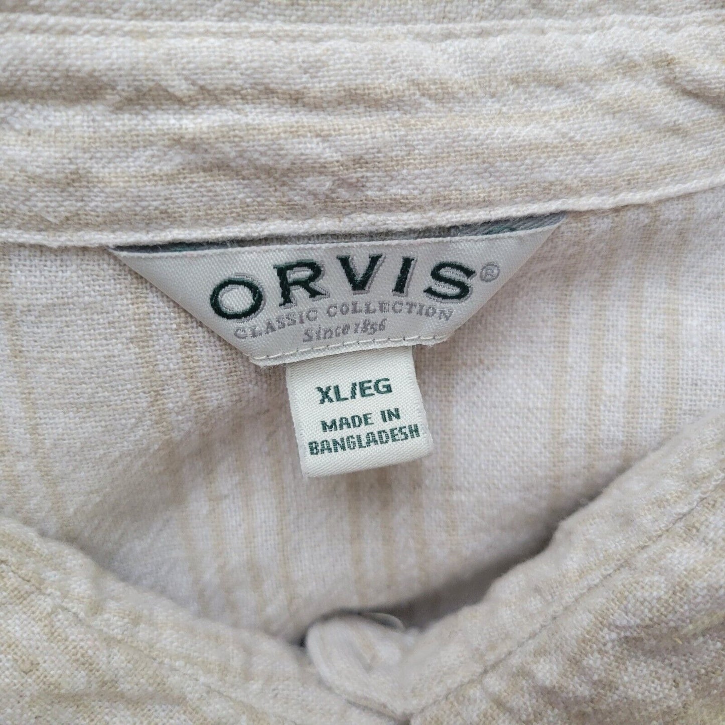 Orvis Womens Top Extra Large Roll Tab Sleeve Beige Stripe Button Up Linen Rayon