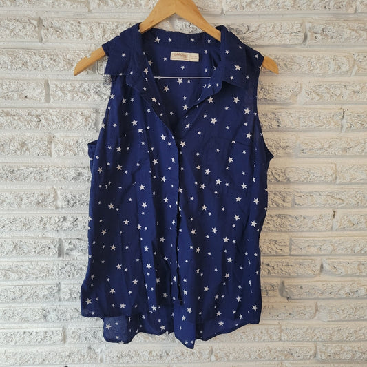 Faded Glory Womens Top XXL 20 Plus Sleeveless Button Up Blue Stars Cotton Collar