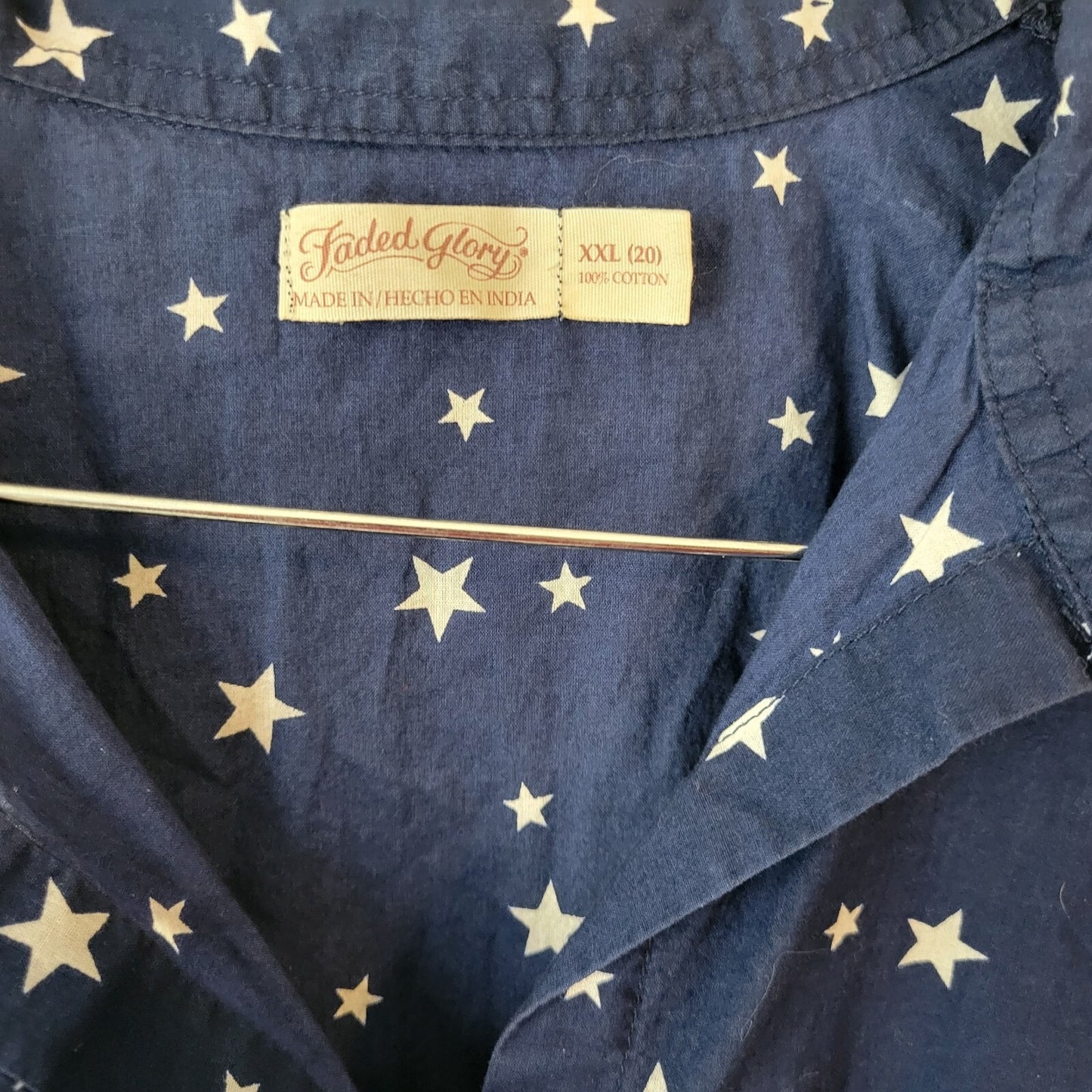 Faded Glory Womens Top XXL 20 Plus Sleeveless Button Up Blue Stars Cotton Collar