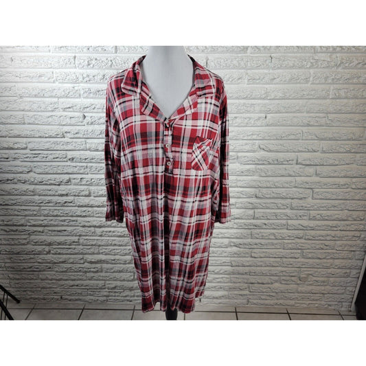 Cato Est 1946 Womens Top 2X Pajama 3/4 Sleeve Red Plaid Pocket Collar Loungewear