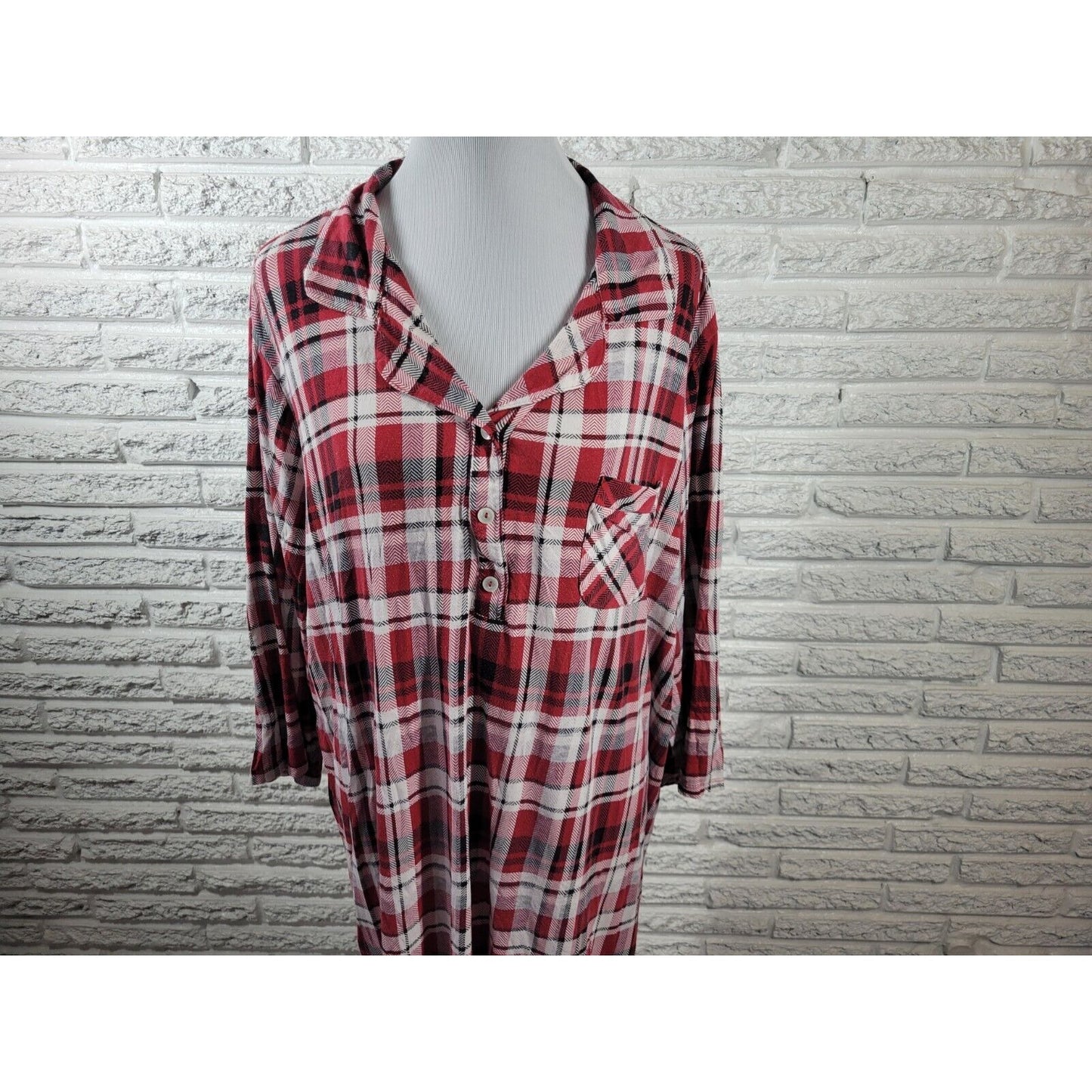 Cato Est 1946 Womens Top 2X Pajama 3/4 Sleeve Red Plaid Pocket Collar Loungewear
