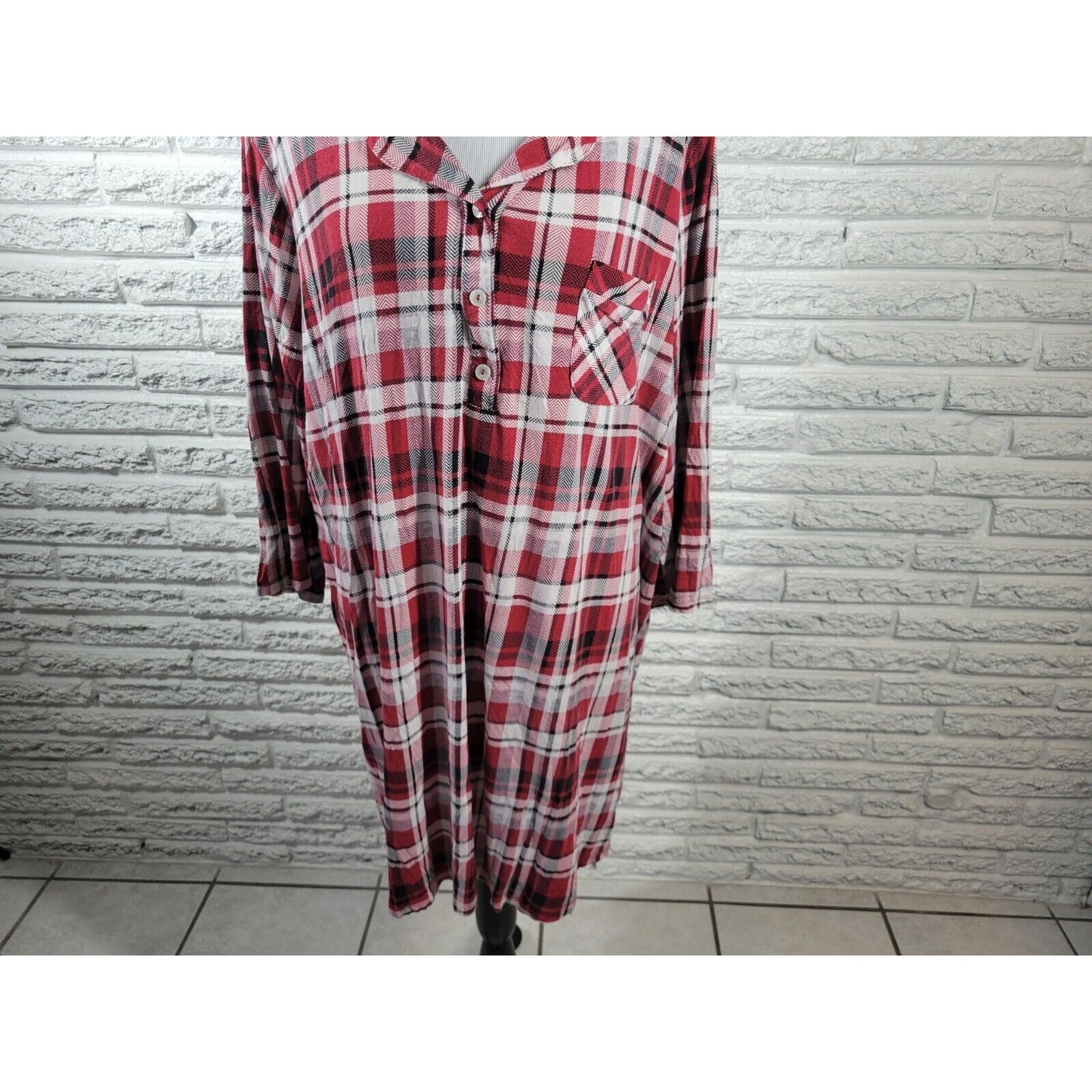 Cato Est 1946 Womens Top 2X Pajama 3/4 Sleeve Red Plaid Pocket Collar Loungewear