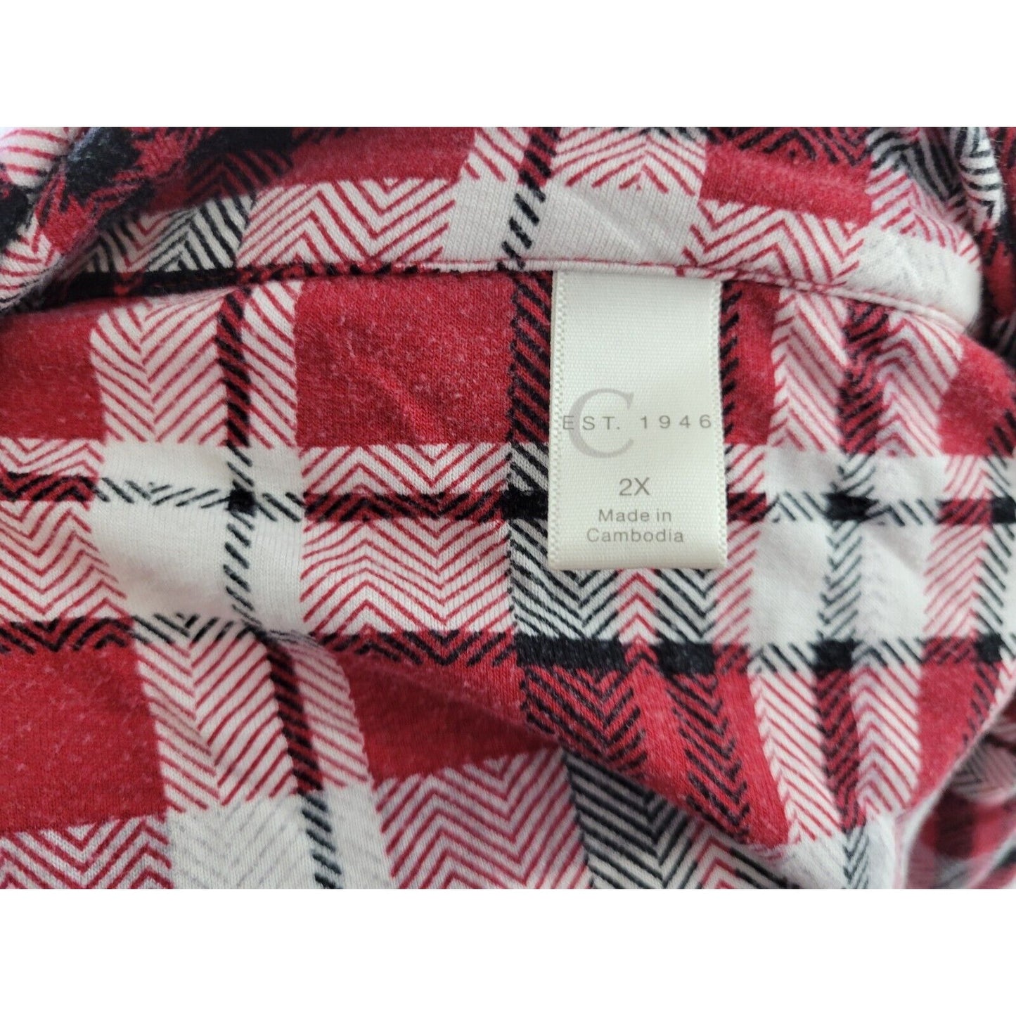Cato Est 1946 Womens Top 2X Pajama 3/4 Sleeve Red Plaid Pocket Collar Loungewear