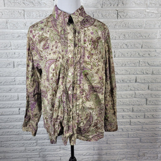 Charter Club Womens Top 20W Plus Long Sleeve Green Paisley Floral Pintuck Cotton