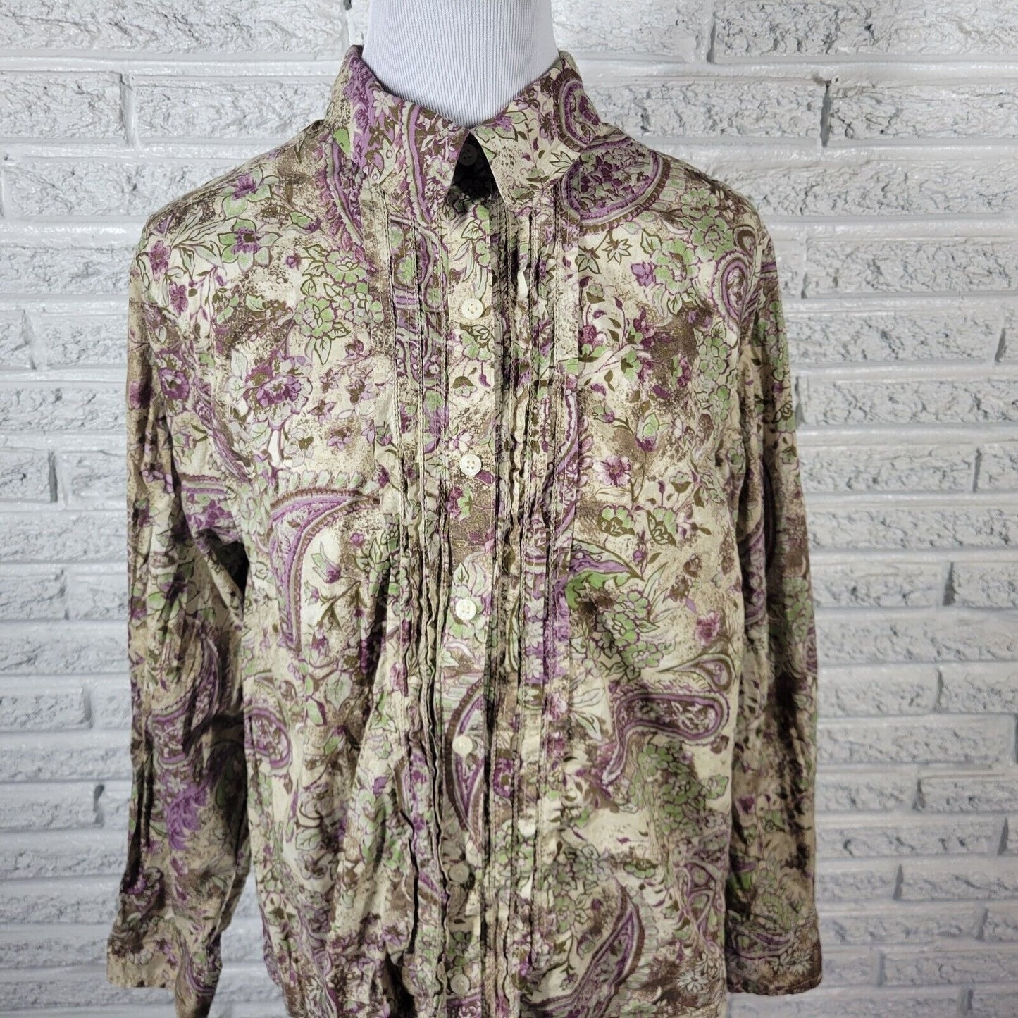 Charter Club Womens Top 20W Plus Long Sleeve Green Paisley Floral Pintuck Cotton