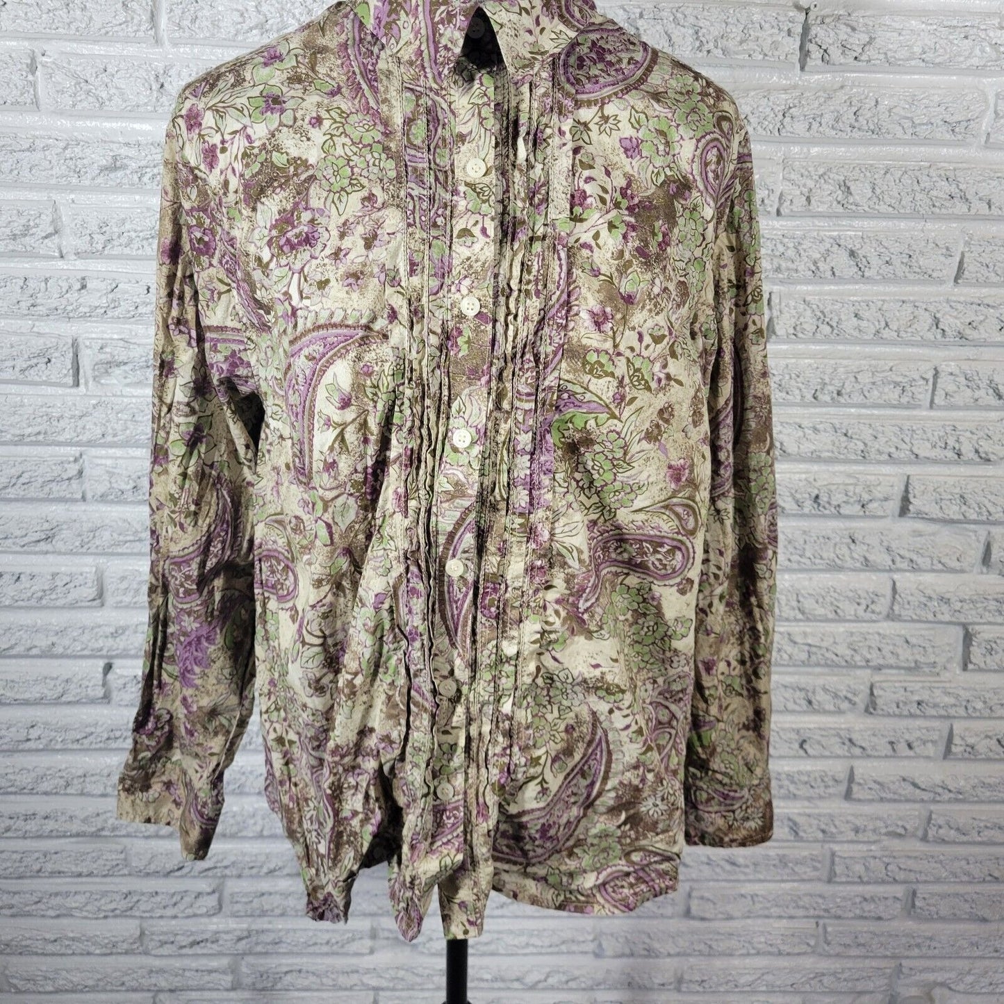 Charter Club Womens Top 20W Plus Long Sleeve Green Paisley Floral Pintuck Cotton