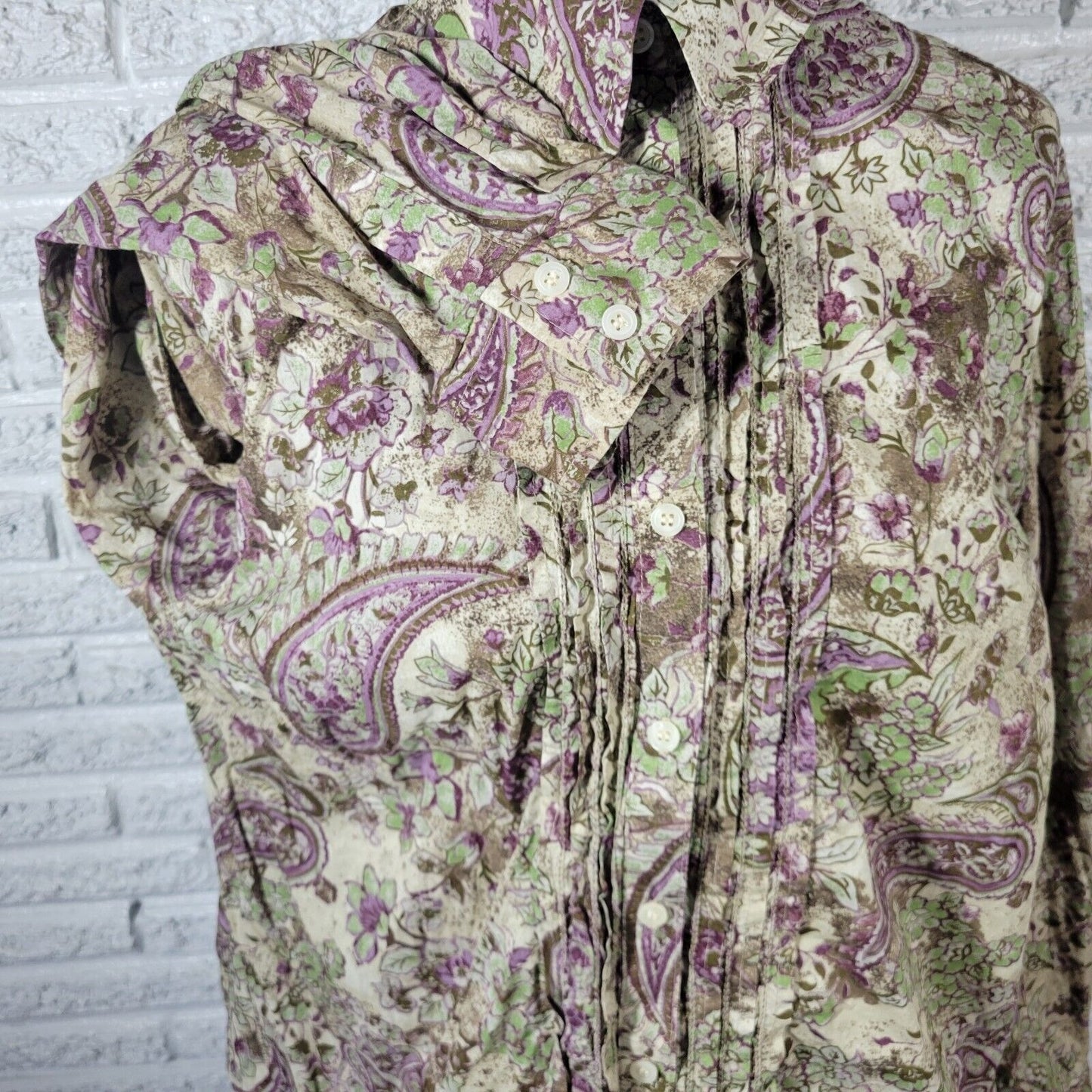 Charter Club Womens Top 20W Plus Long Sleeve Green Paisley Floral Pintuck Cotton