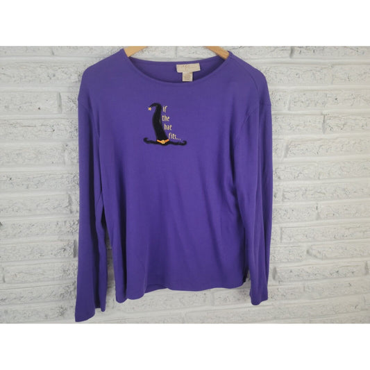 Halloween Womens Top Extra Large Tee Knit Witch Hat Long Sleeve Pullover Casual