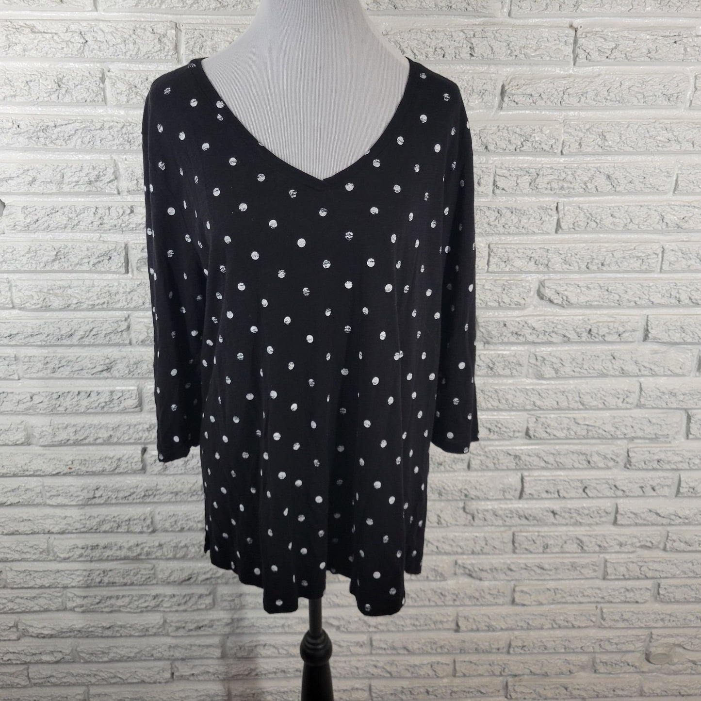 Lane Bryant Women Top 22 24 Plus 3/4 Sleeve Black Painted Polka Dot Casual Comfy