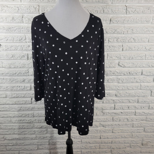 Lane Bryant Women Top 22 24 Plus 3/4 Sleeve Black Painted Polka Dot Casual Comfy