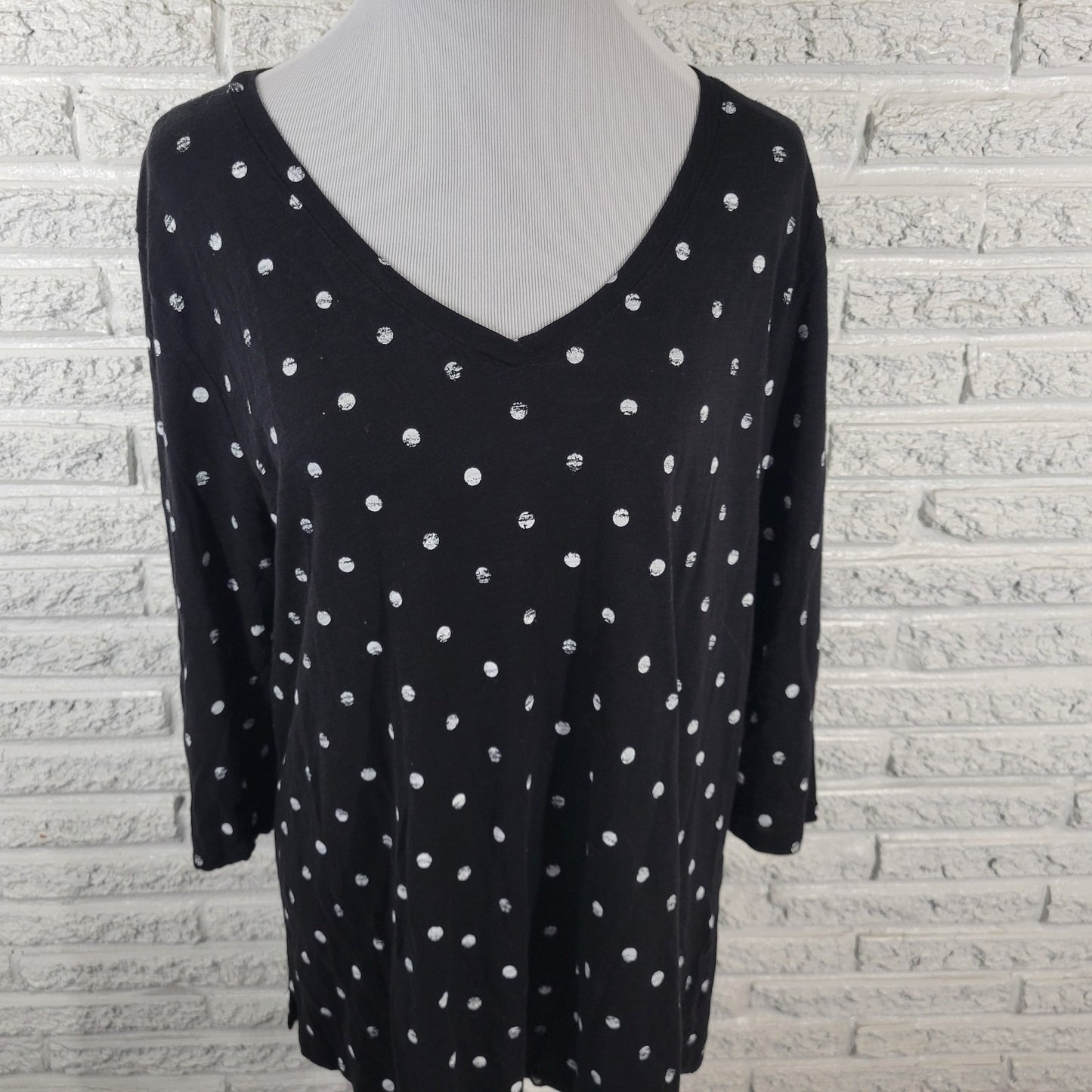 Lane Bryant Women Top 22 24 Plus 3/4 Sleeve Black Painted Polka Dot Casual Comfy