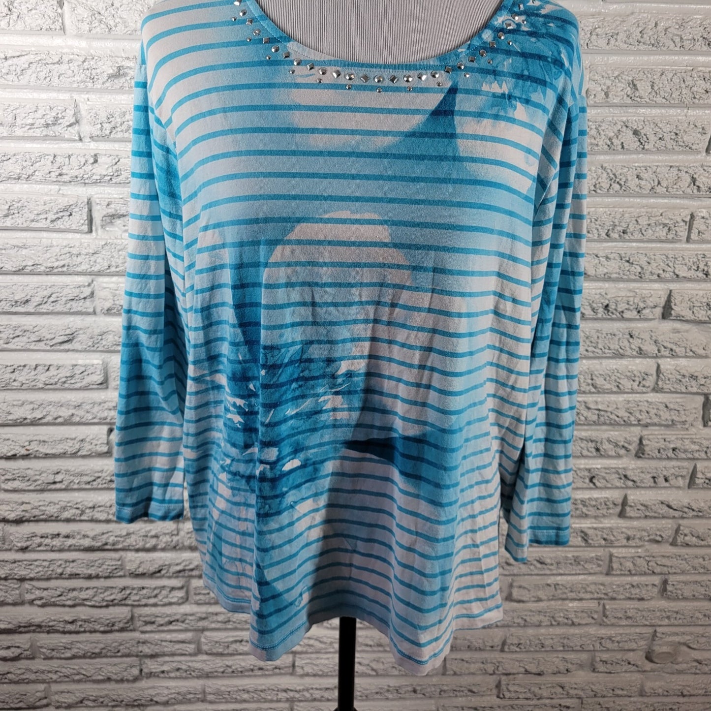 Alfred Dunner Womens Top 2X Plus long Sleeve Blue Stripe Cotton Blend Studded