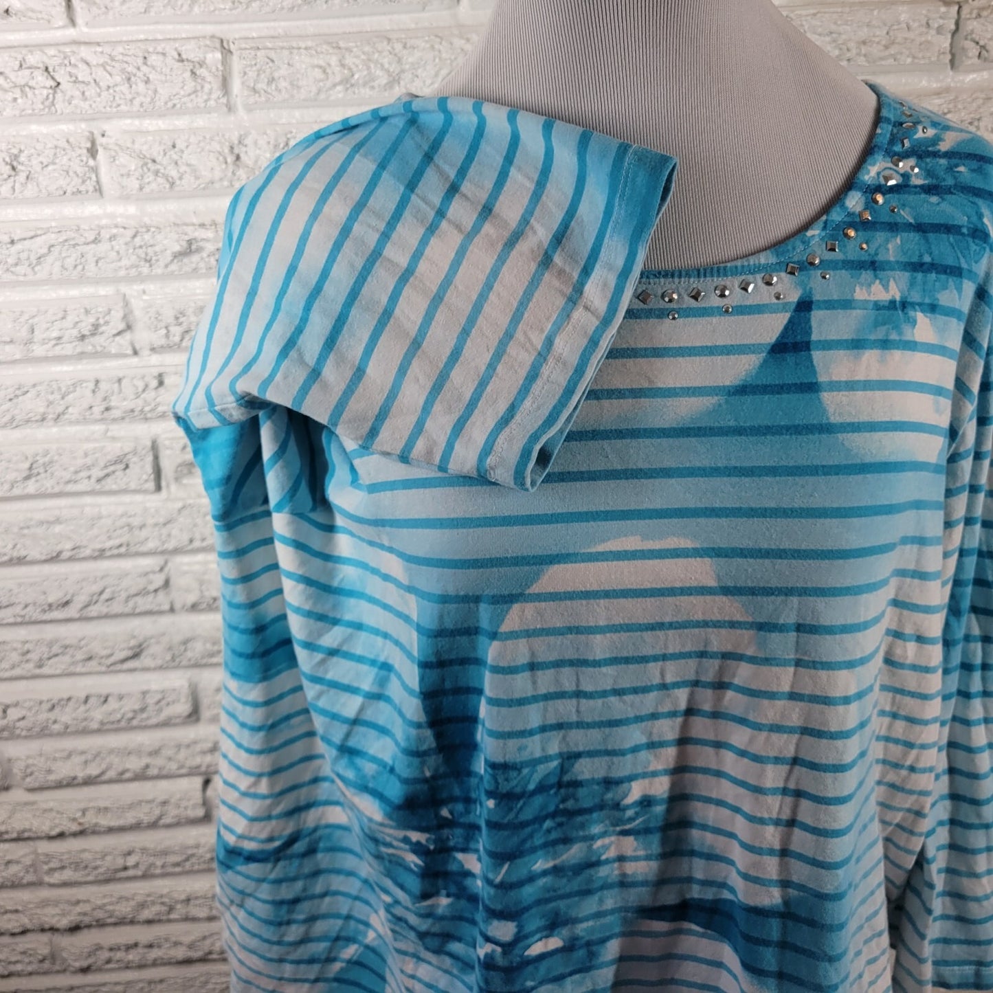 Alfred Dunner Womens Top 2X Plus long Sleeve Blue Stripe Cotton Blend Studded