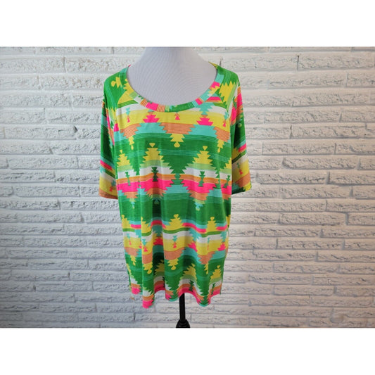 Sew In Love Womens Top 3X Tee Short Sleeve Southwestern Keyhole Green Geometric