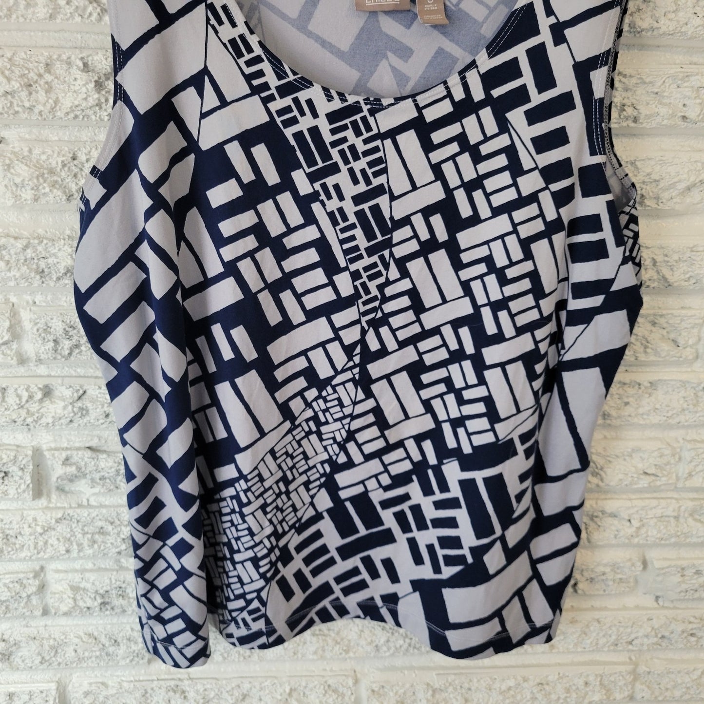 Chico's Women's XL Blue Geometric Tank Top Sleeveless Nylon Spandex Stretch