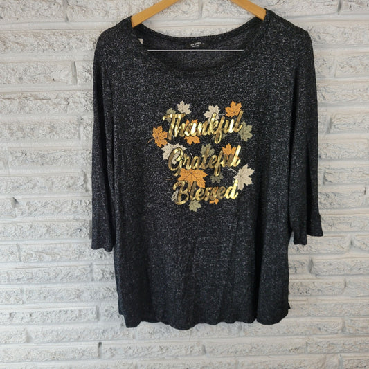 Thanksgiving Ava James Women Top 3X Plus Knit 3/4 Sleeve Black Thankful Grateful