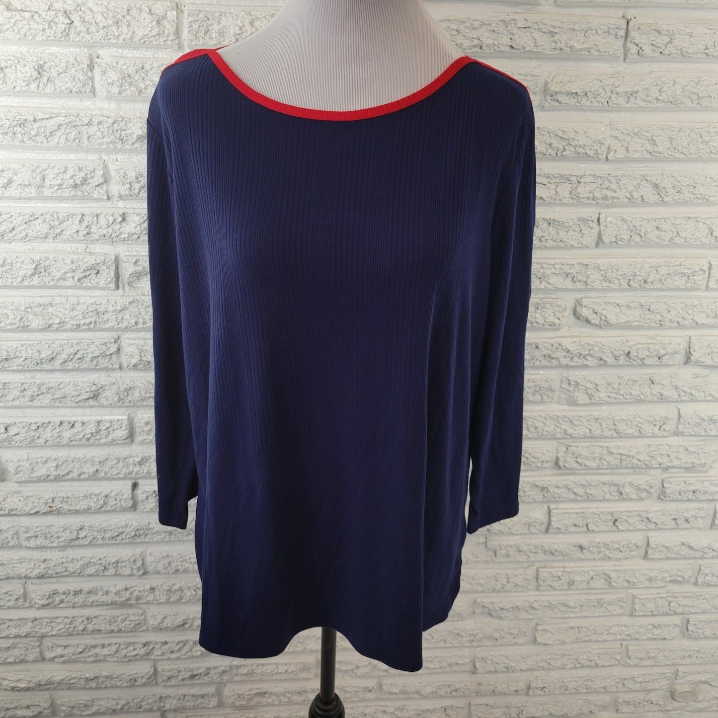 Liz Claiborne Womens Top XXL Plus 3/4 Sleeve Blue Knit Poly Blend Deco Buttons