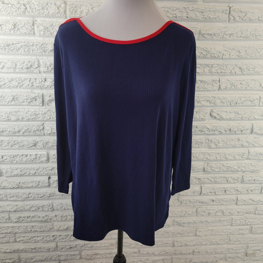 Liz Claiborne Womens Top XXL Plus 3/4 Sleeve Blue Knit Poly Blend Deco Buttons