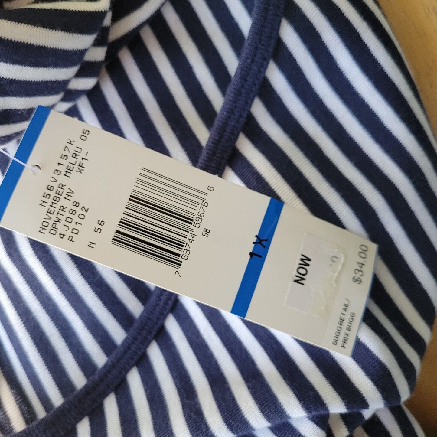 Jones New York Sport Women Top 1X Plus 3/4 Sleeve Blue White Stripe Cotton Comfy